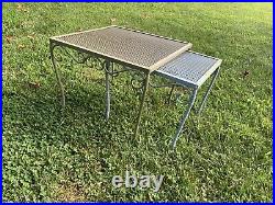 Vintage 2 Wrought Iron Metal Mesh Patio Side Nesting Tables MCM Plant Stand