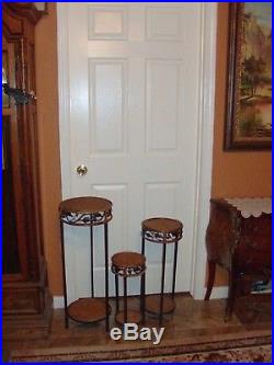Vintage 3 End Table Side Stands 2 tiered Round Black Metal Bamboo Handmade Plant