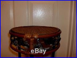Vintage 3 End Table Side Stands 2 tiered Round Black Metal Bamboo Handmade Plant