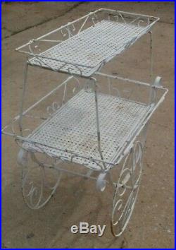 Vintage / Antique Wrought Iron Metal Tea Cart / Tray Plant Stand Big wheels