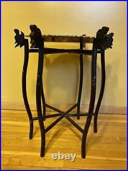Vintage Asian Carved Folding Wood Table Brass Top Ram Dragon Heads Plant Stand