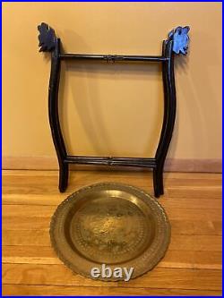 Vintage Asian Carved Folding Wood Table Brass Top Ram Dragon Heads Plant Stand