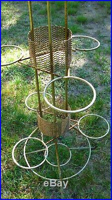 Vintage Atomic 3-Tier Gold Metal Wire Plant Stand 9 Holders Mid Century 3-Leg