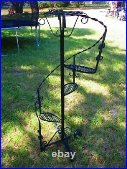 Vintage Black Large Wrought Iron Spiral With 3 Steps Top Basket Nicely Detailed