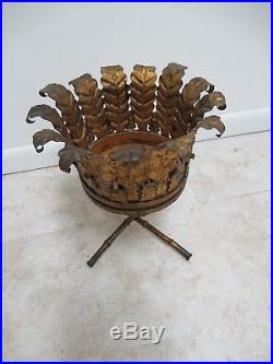 Vintage Faux Bamboo Metal Gold Gilt French Regency Planter Filigree Plant Stand