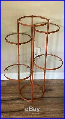 Vintage Faux Bamboo Metal Plant Stand Mid Century 5 Tier Glass Orange