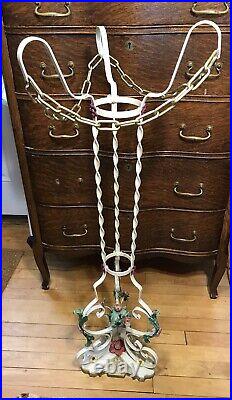 Vintage French White Metal Jardiniere Plant Stand Painted Flowers & Jardiniere