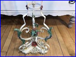 Vintage French White Metal Jardiniere Plant Stand Painted Flowers & Jardiniere
