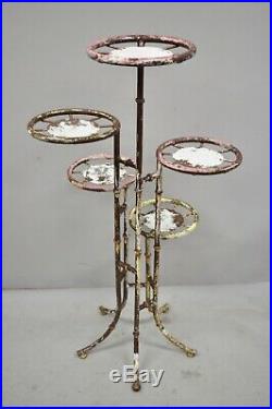 Vintage Hollywood Regency Faux Bamboo 5 Tier Iron Tole Metal Plant Stand