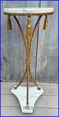 Vintage Italian Marble on Gold Gilt Metal Rope & Tassels Base Plant Stand 1940s
