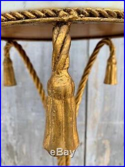 Vintage Italian Marble on Gold Gilt Metal Rope & Tassels Base Plant Stand 1940s