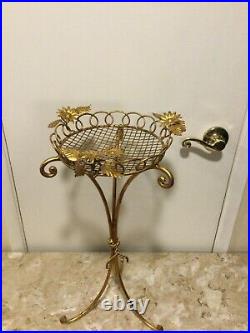 Vintage Italian Tole Hollywood Regency Gold Tone Floral Ashtray Plant Stand