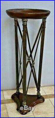 Vintage Large Roman Torch style Plant Stand Metal wood base top leather & glass