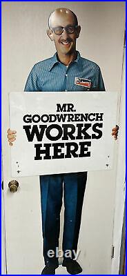 Vintage MR GOODWRENCH WORKS HERE metal Stand-up General Motors advertising sign