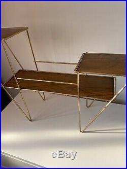 Vintage Mid Century German Atomic Plant Stand Gold Metal Wooden Plywood Tiered
