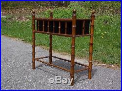 Vintage Rectangular Solid Wood Faux Bamboo Entry Plant Stand w Metal Tray Insert