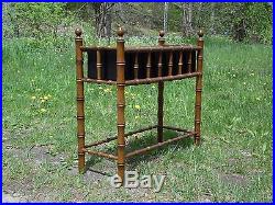 Vintage Rectangular Solid Wood Faux Bamboo Entry Plant Stand w Metal Tray Insert