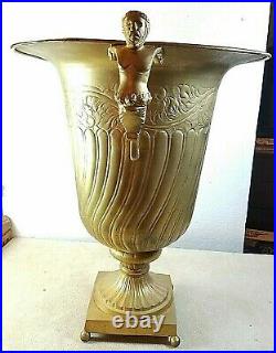 Vintage Round Metal Gold Gilt Urn Planter 17 1/2 Tall Greek God Handles