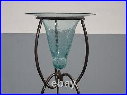 Vintage Solid Metal Iron Jardiniere Decorative Plant Stand w Crackled Glass Vase