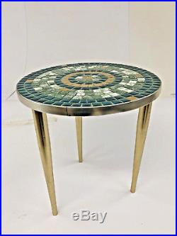 Vintage TILE TOP SIDE TABLE round mid century modern green gold plant stand 50s