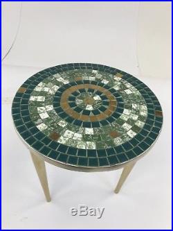 Vintage TILE TOP SIDE TABLE round mid century modern green gold plant stand 50s
