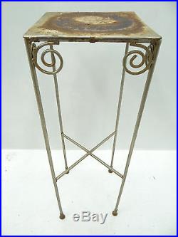 Vintage Used Rusty 4 Legged Plant Stand Corner Table Swirl Iron Metal Furniture