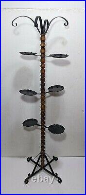 Vintage Victorian Rustic Wrought Iron & Wood Swing Arm Tiered Plant Stand Shelf