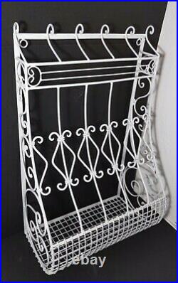 Vintage White Flower Pot Cage Shelf/Rack Plant Stand Wrought Iron Wall Hanging