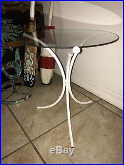 Vintage White Metal Bamboo Side Table Accent Plant Stand White 17.25H Glass Top