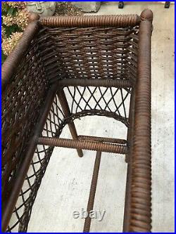Vintage Woven Wicker Plant Stand with Metal Insert Planter Antique