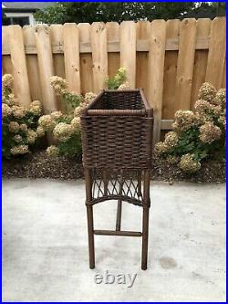 Vintage Woven Wicker Plant Stand with Metal Insert Planter Antique