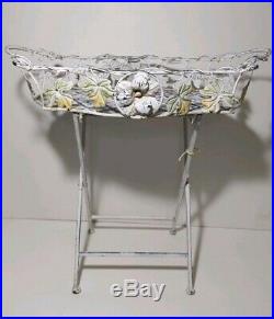 Vintage Wrought Iron/Metal Folding Tray Table Rustic White Plant Stand/Butler