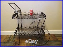 Vintage Wrought Iron Metal Wheeled Push Cart Plant Stand Spanish Revival Style