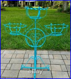 Vintage wrought iron metal plant stand 3 tier teal blue Mid-Century