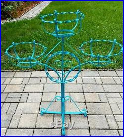 Vintage wrought iron metal plant stand 3 tier teal blue Mid-Century