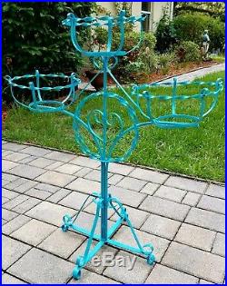 Vintage wrought iron plant stand 3 tier teal blue Mid-Century