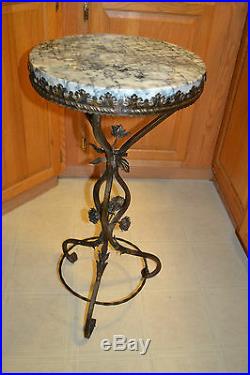 Vtg Antique Wrought Cast Iron Lamp Plant Table Stand Marble Stem Rose Floral