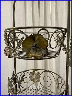 Vtg Art Deco 3 Tier Basket Plant Stand Wrough Iron With Metal Art Flowers 45 Tall