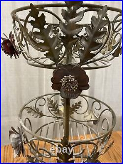 Vtg Art Deco 3 Tier Basket Plant Stand Wrough Iron With Metal Art Flowers 45 Tall