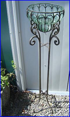 Vtg Cast Iron Tall Wrought Metal Green Glass Plant Stand Jardiniere