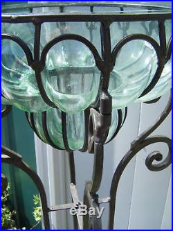 Vtg Cast Iron Tall Wrought Metal Green Glass Plant Stand Jardiniere
