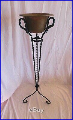 Vtg DECO Twisted Wrought Iron Copper Pot Plant Stand Metal Iron MCM Planter
