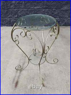 Vtg French Victorian Style Scrolled Brass Wire Round 2-Tiered Glass Plant Stand