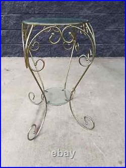Vtg French Victorian Style Scrolled Brass Wire Round 2-Tiered Glass Plant Stand