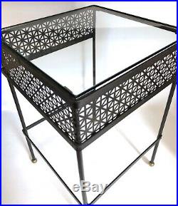 Vtg Metal Mesh Plant Stand Side Table Black 19 Glass Mid Century Modern Atomic