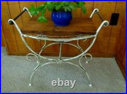 Vtg White Metal Plant Stand Side Table Stool French Country Shabby Barn Wood Top