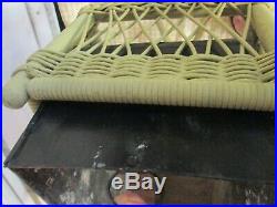 Vtg Wicker Plant stand yellow Rattan Potter Table boho victorian metal insert