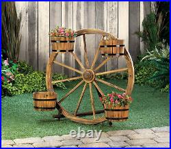 Wagon Wheel Barrel Metal Plant Stand Flower Pots Outdoor Decorative Planters