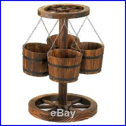 Wagon Wheel Bucket Planter Stand Hanger Wood Metal 18.5 x 23.5 Rustic Primitive