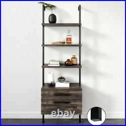 Wall Mounted Industrial 4-Tier Bookshelf with2 Wood Drawers Ladder Shelf Bookcase